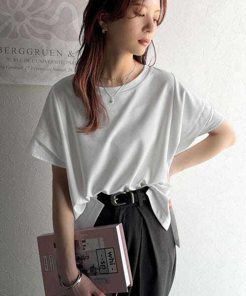 大人の女性を魅力的に引き立てる。袖口シアー切り替え 半袖 Tシャツ ce1110095