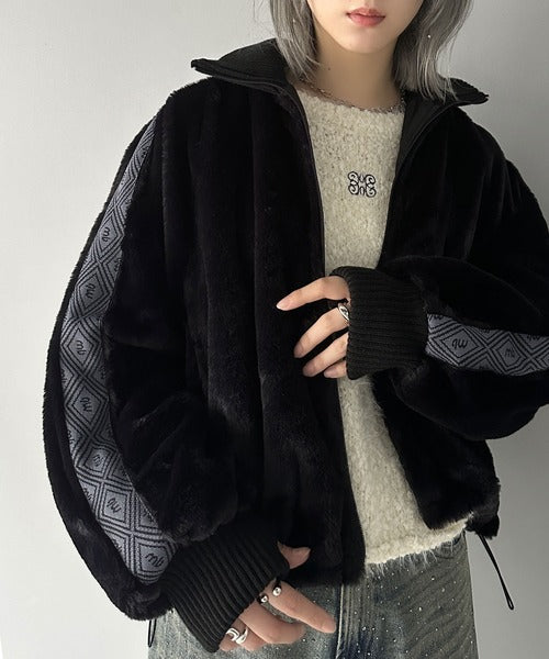 【mily bilet】上質な肌触り、スタイリッシュアウター。ジャガードテープ使いドロスト付き指穴シャギーファーブルゾン mi1019054