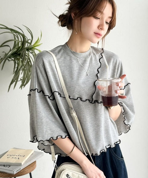 Tシャツより可愛く、スウェットより軽やか♪5分袖メロウ切替裏毛トップス ce1020310