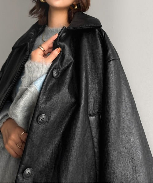 レザーって、こんなに可愛く着られる！大人可愛い丸みシルエット♪フェイクレザー中綿入りステンカラーショートジャケット ce1070253