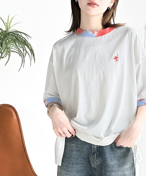 レトロでポップな大人リンガーT。胸刺繍タイダイリンガー半袖T ce1050158
