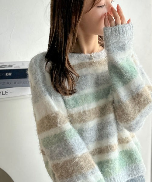 【mily bilet】カラフルミックスで視線釘付け。マルチボーダーシャギーニットプルオーバー（長袖） mi1329040