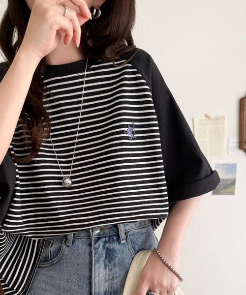 《JaVaジャバコラボ》お洒落迷子の救世主。綿100％胸刺繍ラグラン配色ボーダーTシャツ jv1260558