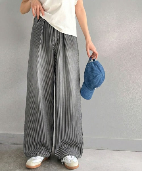 【mily bilet】こなれ感漂うヴィンテージ風デニム。タック入りヒッコリーパンツ mi0909024