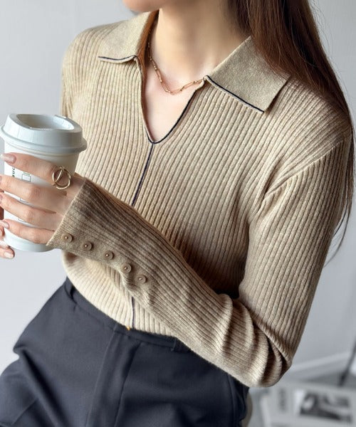 フィット感のあるスタイリッシュシルエット！配色ラインデザイン衿付きリブニット ce1020276