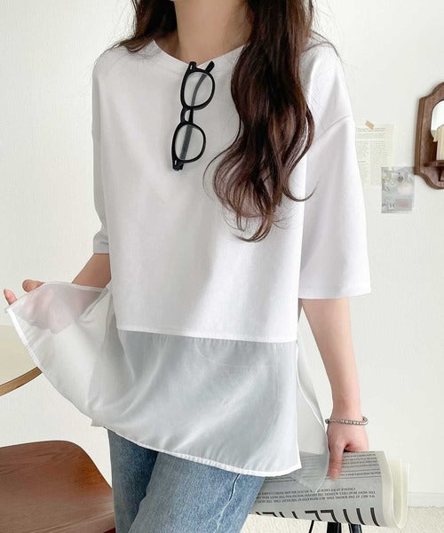 春夏に涼しさ引き立てる透け感が◎裾シアー切り替えライトダンボール半袖Tシャツ ce1110116