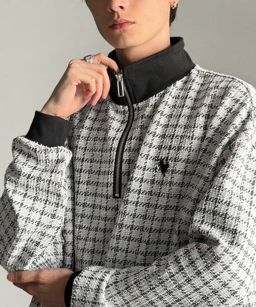 【Classical Origin】「上品カジュアル」。裾ドロスト付きツイード素材ハーフジッププルオーバー（長袖）/Tweed Fabric Drawcord Half-Zip Pullover co1010032