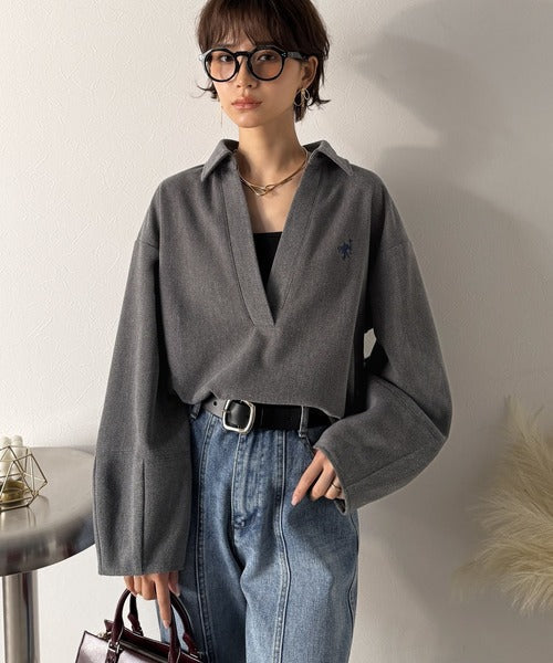 【Classical Evon】優しい温もり、上品見え。圧縮ニット襟付きキーネックプルオーバー ev1110143