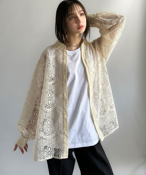 洗練された大人カジュアル。レースオーバーサイズシャツブラウス（長袖） cm1020223