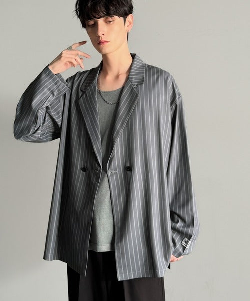 【Classical Origin】「さっと羽織れる。」ストライプ柄ドレープテーラードシャツジャケット／Relaxed Draped Tailored Stripes Shirt Jacket co1150041