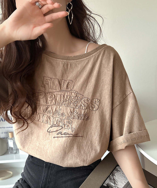 綿100%メンズライクヴィンテージウォッシュ☆前後2way刺繍ワイドネックTシャツ ce1260421
