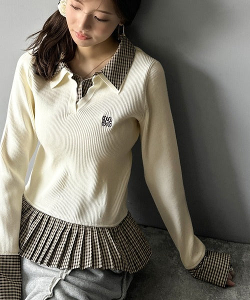 【mily bilet】ニット×チェックプリーツで叶える！旬のレイヤードスタイル♪異素材切り替えニットプルオーバー mi1139095
