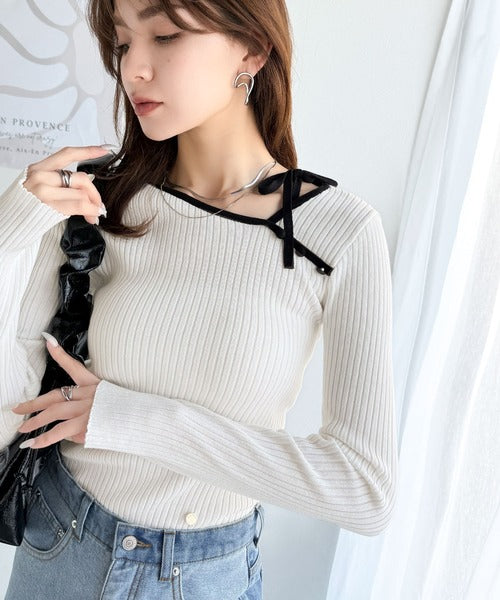 【mily bilet】春夏の新定番！くるみボタンアシンメトリーネックボーダーリブニット(長袖） mi1029111