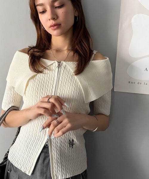 【mily bilet】抜け感レディースタイル。ロゴ刺繍オフショル２WAYダブルジップケーブル柄サマーニット（半袖） mi1029121