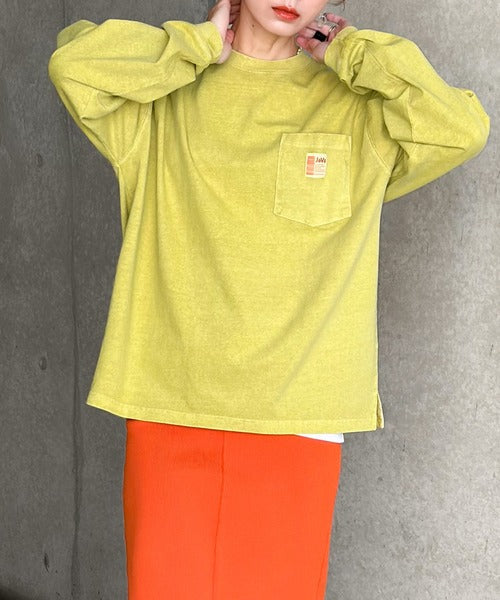 《JaVaジャバ コラボ》綿100％ピグメント加工ポケット付きロングTee jv1029002