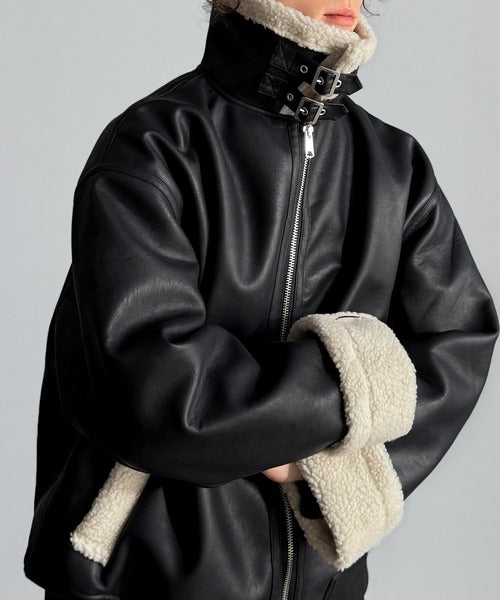 【Classical Origin】「ずっしりかっこいい。」2way襟ボア切り替えフェイクレザージャケット／2way Boa Collar Faux Leather Jacket co1150081