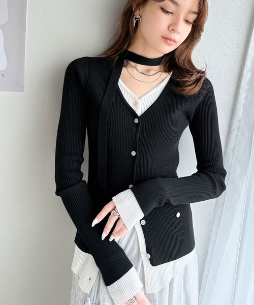 【mily bilet】洗練されたレイヤードスタイル。チョーカー紐付きレイヤード風Vネックカーディガン(長袖） mi1029108