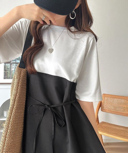 一枚で完成。頑張らない高見えワンピ。異素材ドッキングロングワンピース ce1330103