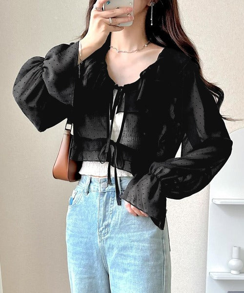 【mily bilet】透け感シフォンが軽やかに映える◎ドットシャイニーシアーリボンブラウス mi1359023