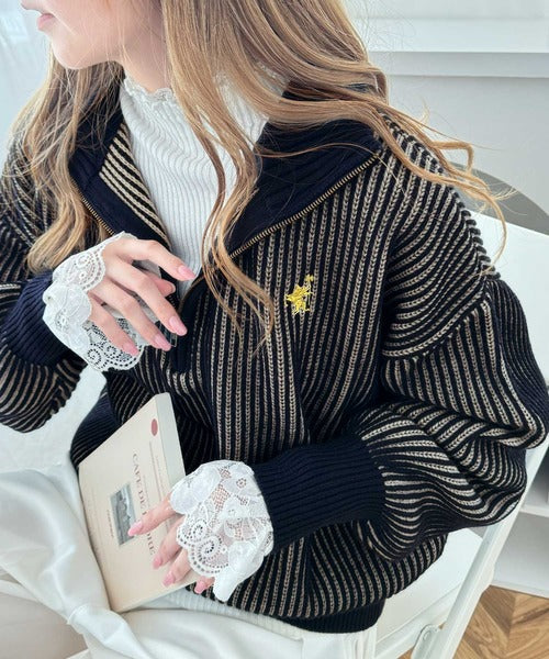 お洒落な配色でワンランク上の秋冬コーデ。胸刺繍バイカラーリブニットハーフジッププルオーバー ce1020183