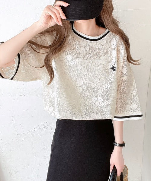 上品レース×スポーティMIXが旬。クロシェ風レースリブラインTシャツ。 ce1050163