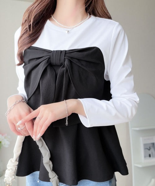 【mily bilet】心ときめく、ビッグリボン♪フロントリボン ドッキング長袖Tシャツ mi1269019