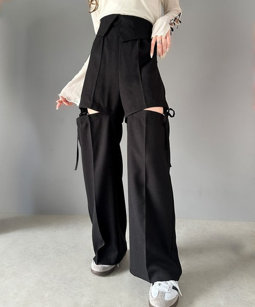 【mily bilet】大人ガーリーボトム。ウエスト折り返しリボンストラップ２WAYセンタープレスハイウエストワイドスラックスパンツ mi1329005