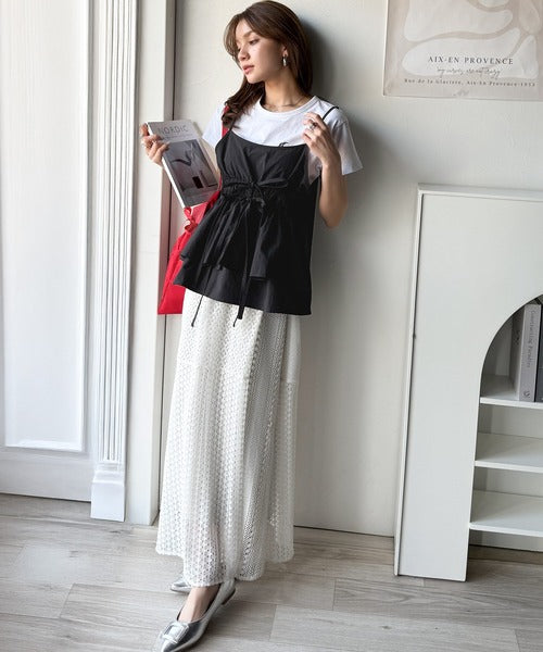旬のレイヤードスタイルがこれ一着で即完成。ダブルリボン使いキャミ＆ムーン刺繍半袖Tシャツセット ce1265004