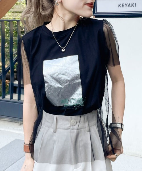 【mily bilet】1枚で上級お洒落style。チュール重ね着風シルバー箔プリントTシャツ mi1149050