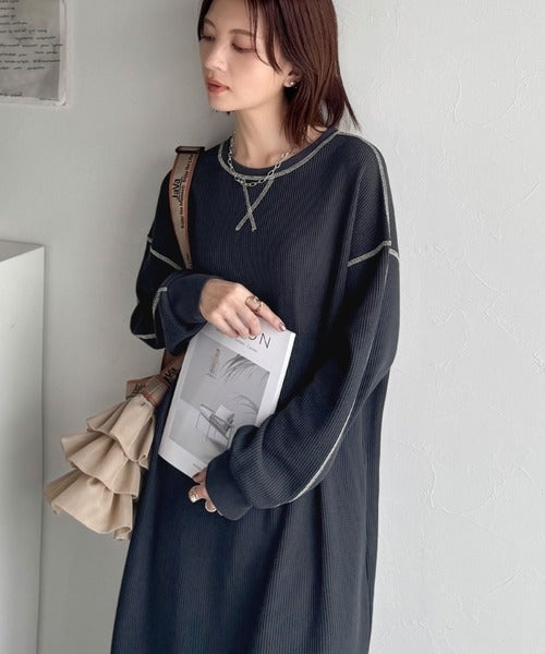 《JaVaジャバコラボ》後姿が可愛い◎配色ステッチワッフルロングワンピース（長袖） jv1260504