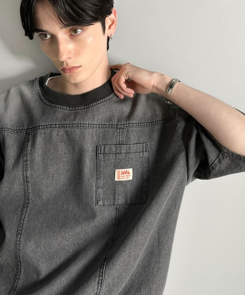 《JaVaジャバコラボ》綿100％ヴィンテージ加工アウターデニムTシャツ jo1010007