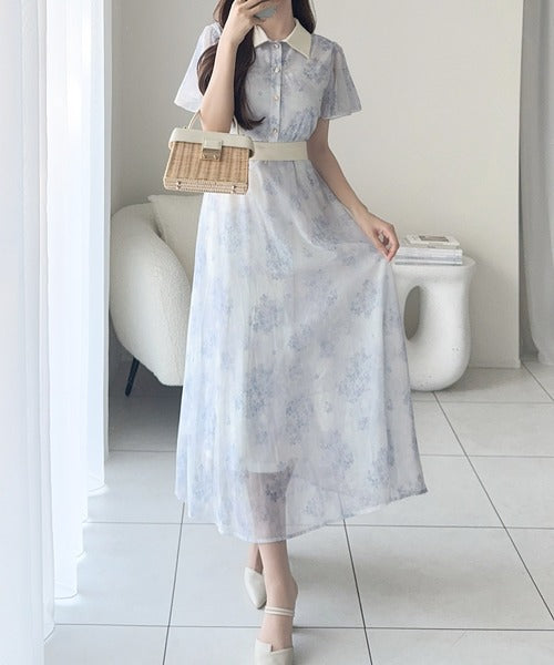 【mily bilet】夏を涼む相棒ワンピ♪水彩フラワーが上品。シアーフローラル バックリボンワンピース (長袖) (ロング) mi1139101