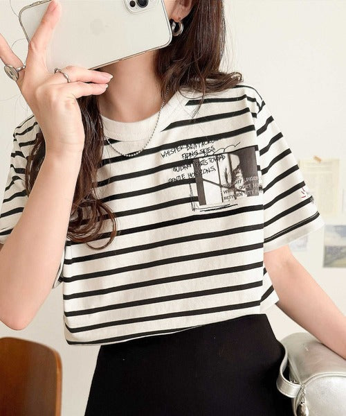 ラフでも品格、シンプルでも存在感。オーガニックコットン混 綿100％ グラフィック飛び刺繍フォトTシャツ（半袖） ce1260537