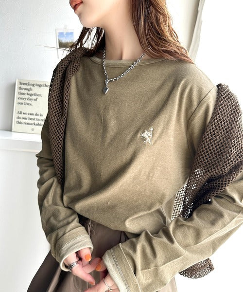 ヴィンテージ感をプラス。綿100%衿バイカラーワンポイント刺繍ロンTシャツ ce1260203
