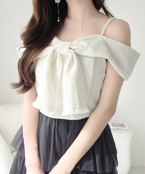 【mily bilet】一枚に大人可愛いを凝縮。リボンデザイントップス×チュールスカートドッキングキャミワンピース (ロング丈) mi1139113