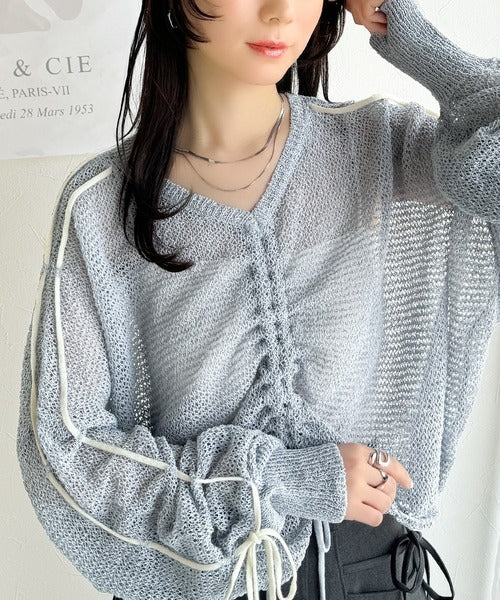 【mily bilet】ルーズな愛らしさで魅了する。透かし編みギャザー仕様リボンプルオーバー（長袖） mi1029102