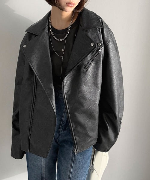 《JaVaジャバコラボ》甘さ控えめ、無敵の女っぽさ。フェイクレザーダブルライダースジャケット jv1010466