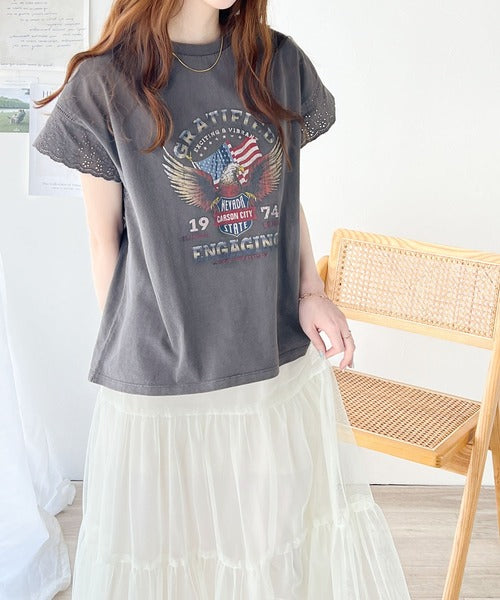 《Javaジャバコラボ》ヴィンテージライクなデザイン。綿100％袖レースピグメントロックTシャツ jv1050164