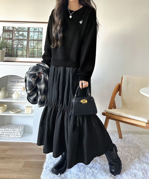 一枚でコーディネートが完成する優秀アイテム◎胸刺繍ドロスト裏起毛ドッキングワンピース ce1020325