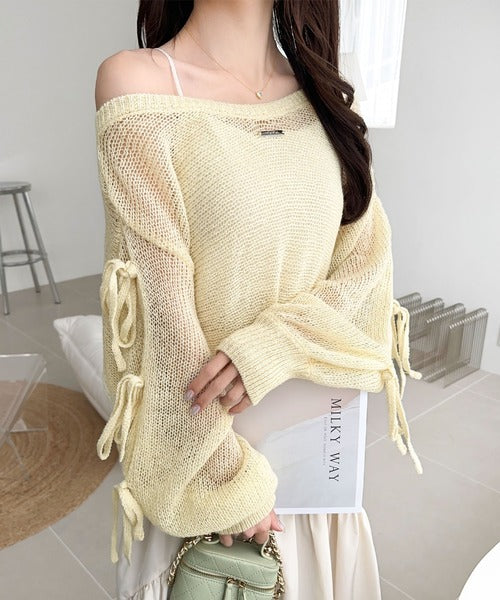 【mily bilet】大人のきらめき。プレートデザイン透かし編み袖リボンラメニット(ワンオフショル2way) mi1259009