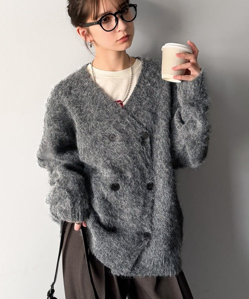 【Classical Origin】「アートな1着。」ミックスシャギー素材ダブルテーラードニットカーディガン／Mixed Shaggy Double-Tailored Knit Cardigan co0780011
