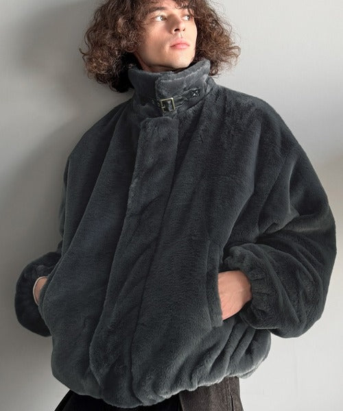【Classical Origin】「3wayアレンジ可能。」ベルト襟フェイクファー素材ジャケット／Belted Collar Faux Fur Jacket co1150080