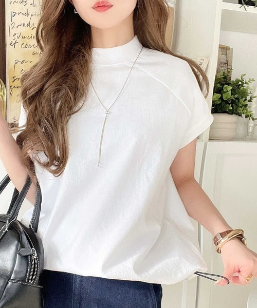 綿100%USAコットン。大人のモックネックフレンチラグラン裾ドロストシンプルTシャツ ce0780080