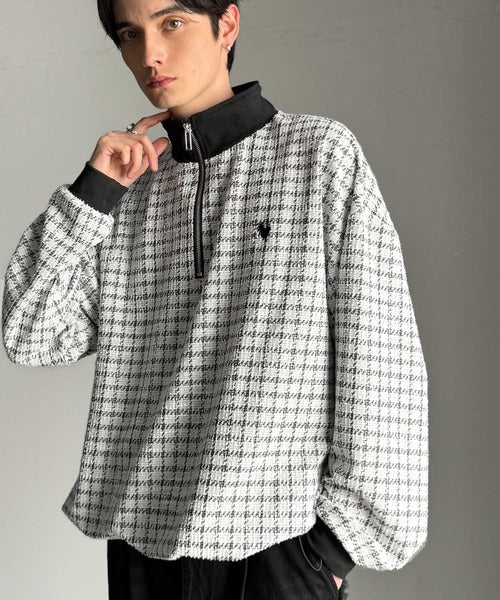 【Classical Origin】「上品カジュアル」。裾ドロスト付きツイード素材ハーフジッププルオーバー（長袖）/Tweed Fabric Drawcord Half-Zip Pullover co1010032