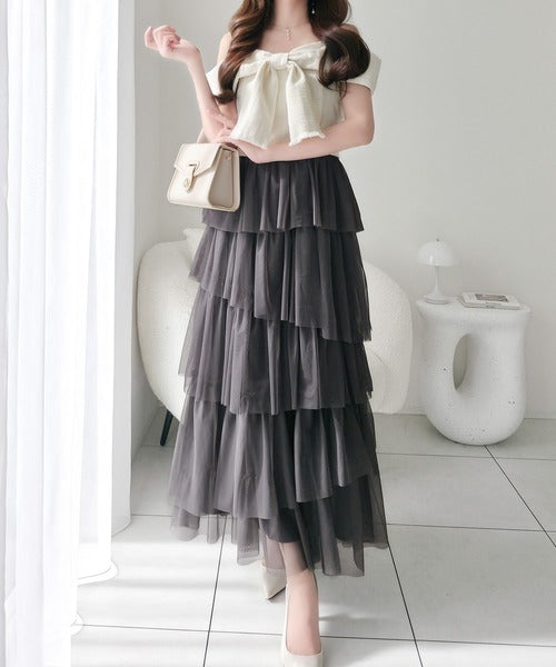 【mily bilet】一枚に大人可愛いを凝縮。リボンデザイントップス×チュールスカートドッキングキャミワンピース (ロング丈) mi1139113