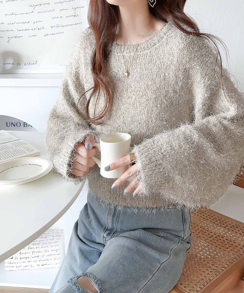 上品に華やぐ。袖ボリュームラメフィルムヤーンシャギーニット ce1260245