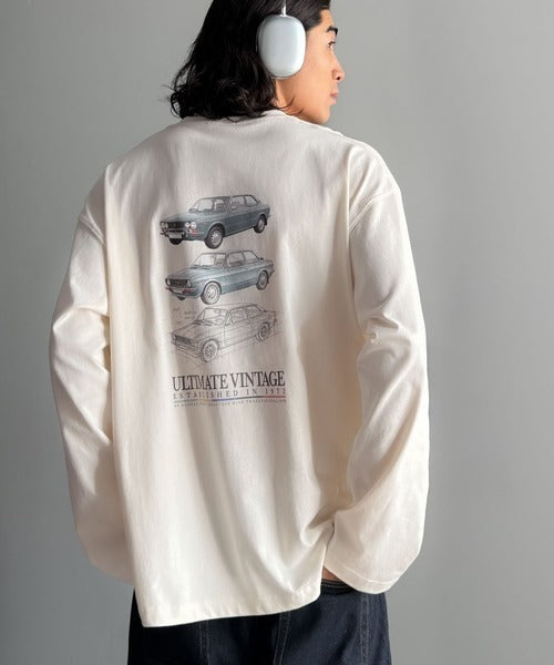 《JaVaジャバコラボ》ヴィンテージ感漂う綿100%クラシックカーグラフィックTシャツ（長袖） jo1150067