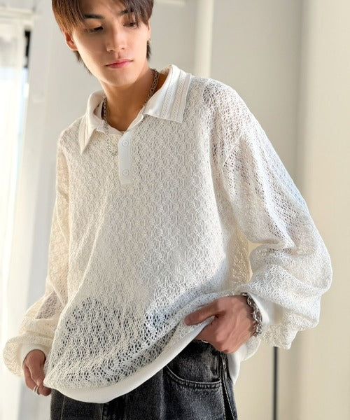 「透け感、モードの余韻。」衿ダブルライン使いレース柄ニットポロシャツ／Double-Line Collar Lace Pattern Knit Polo Shirt co1010049