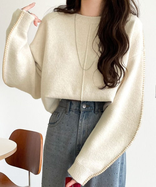 《JaVaジャバ コラボ》一枚でこなれる、立体感スリーブ×配色ステッチ。バナナスリーブ配色ステッチニット jv1020272