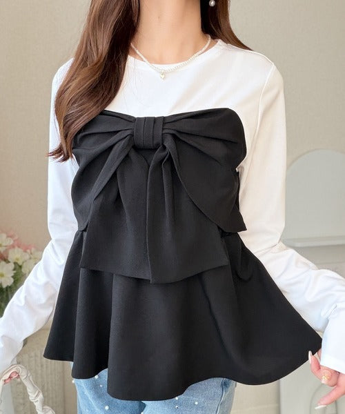 【mily bilet】心ときめく、ビッグリボン♪フロントリボン ドッキング長袖Tシャツ mi1269019